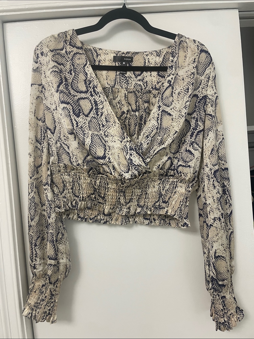 Aqua Beige and Black Snake Print Cropped V-Neck Top